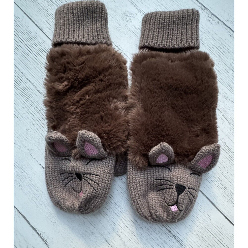Cat Mittens Brown Cat Double Cuffs Faux Fur Embroidered NWOT - Picture 3 of 5